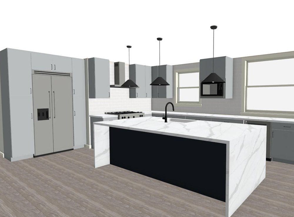 3D rendering of a kitchen design by DH Homes with grey cabinets, a waterfall island, and black pendants